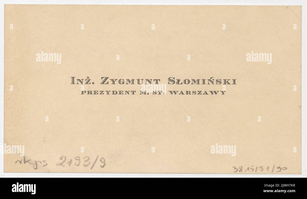 Calling card of the president of the capital city of Warsaw with a note recommending the sculptor Olga Niewska to an unknown person.. Słomiński, Zygmunt (1879-1943), author Stock Photo