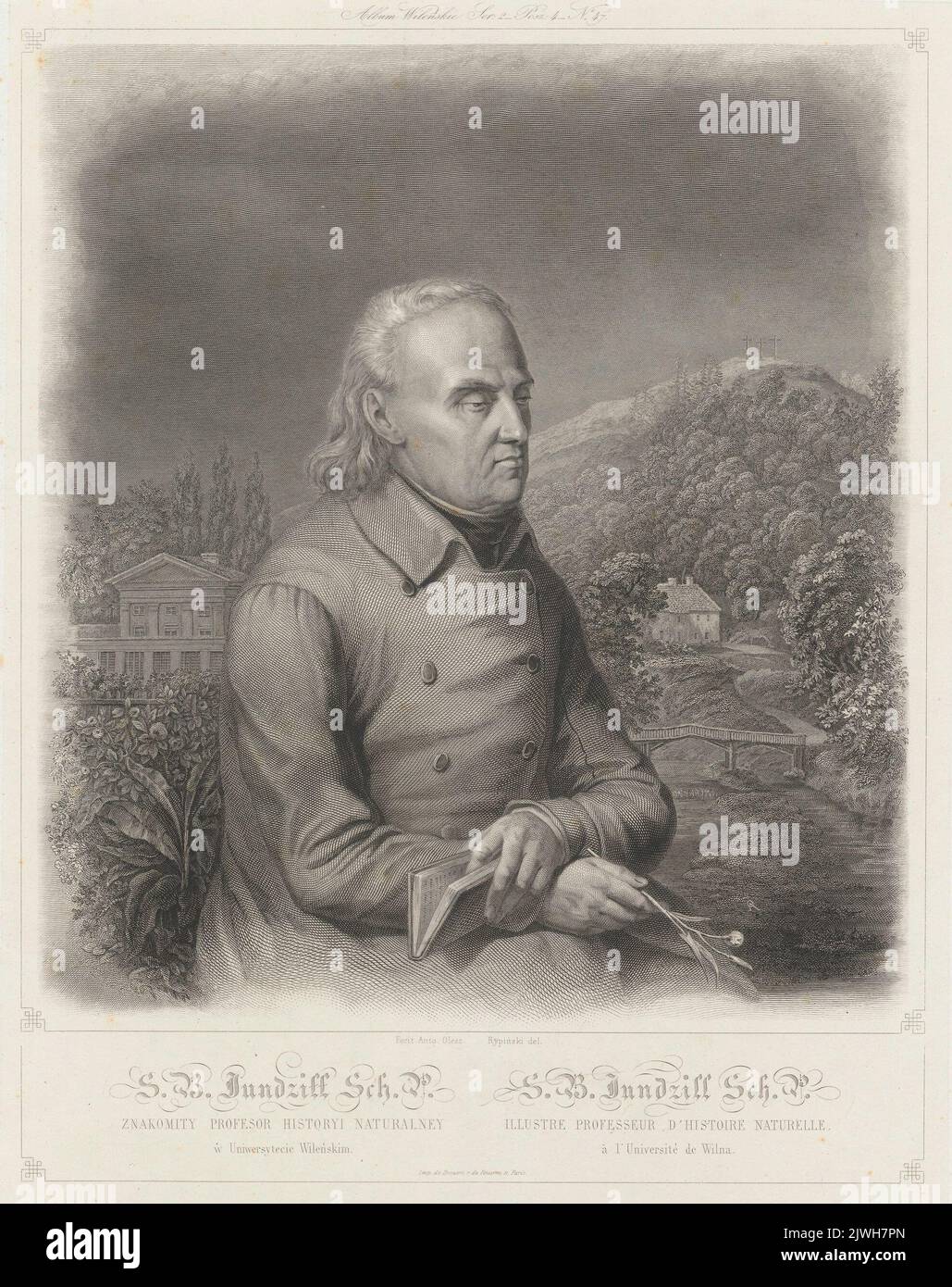 Portrait of Stanisław Bonifacy Jundziłł, against the background of the Botanic Garden in Vilnius. Drouard (Paryż ; drukarnia ; fl. 1824-1861), printing house, Oleszczyński, Antoni (1794-1879), graphic artist, Rypiński, Karol (1808-1892), draughtsman, cartoonist, Wilczyński, Jan Kazimierz (1806-1885), publisher Stock Photo