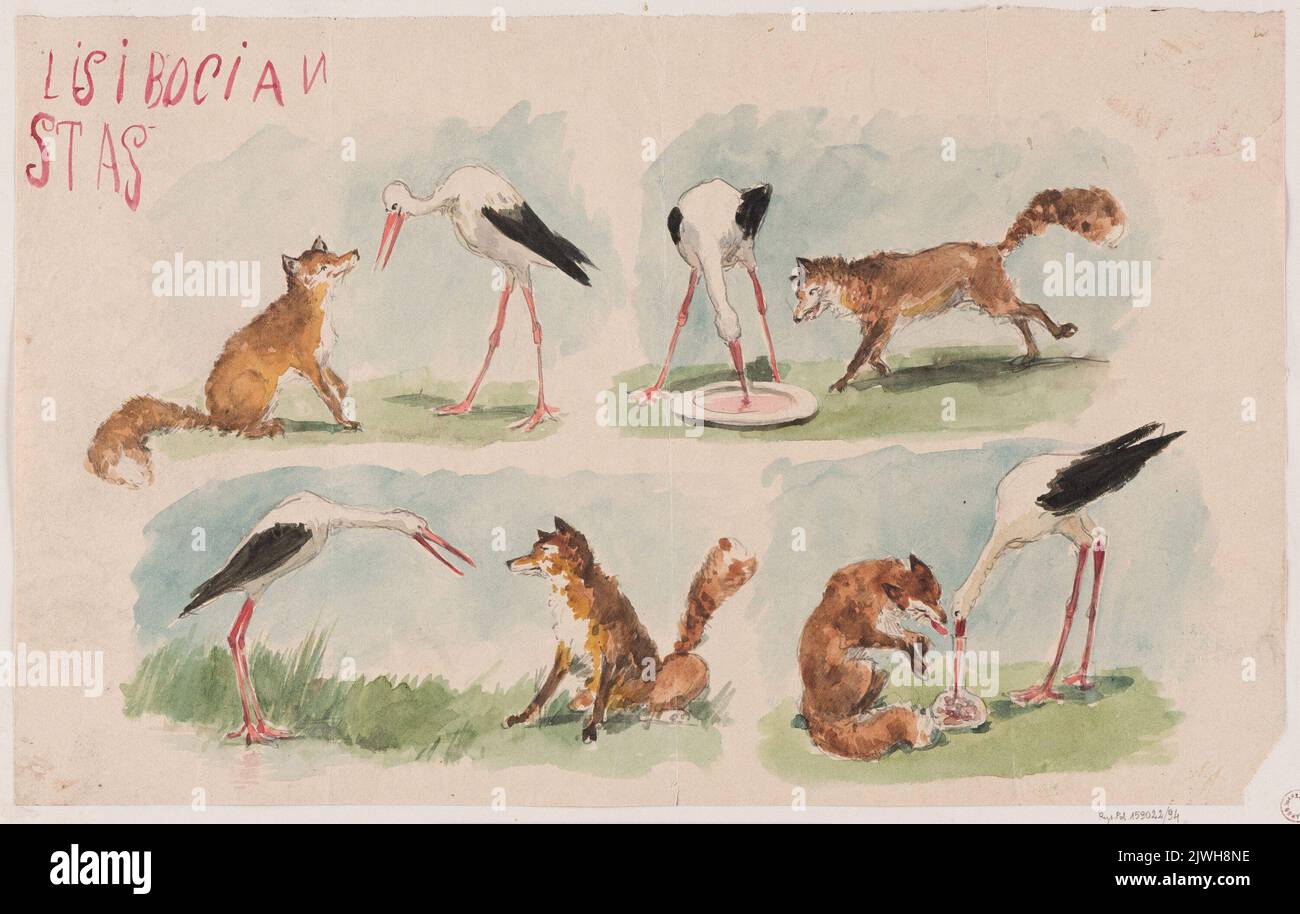 Fable about a fox and a stork - four scenes. Witkiewicz, Stanisław (1851-1915), draughtsman, cartoonist Stock Photo