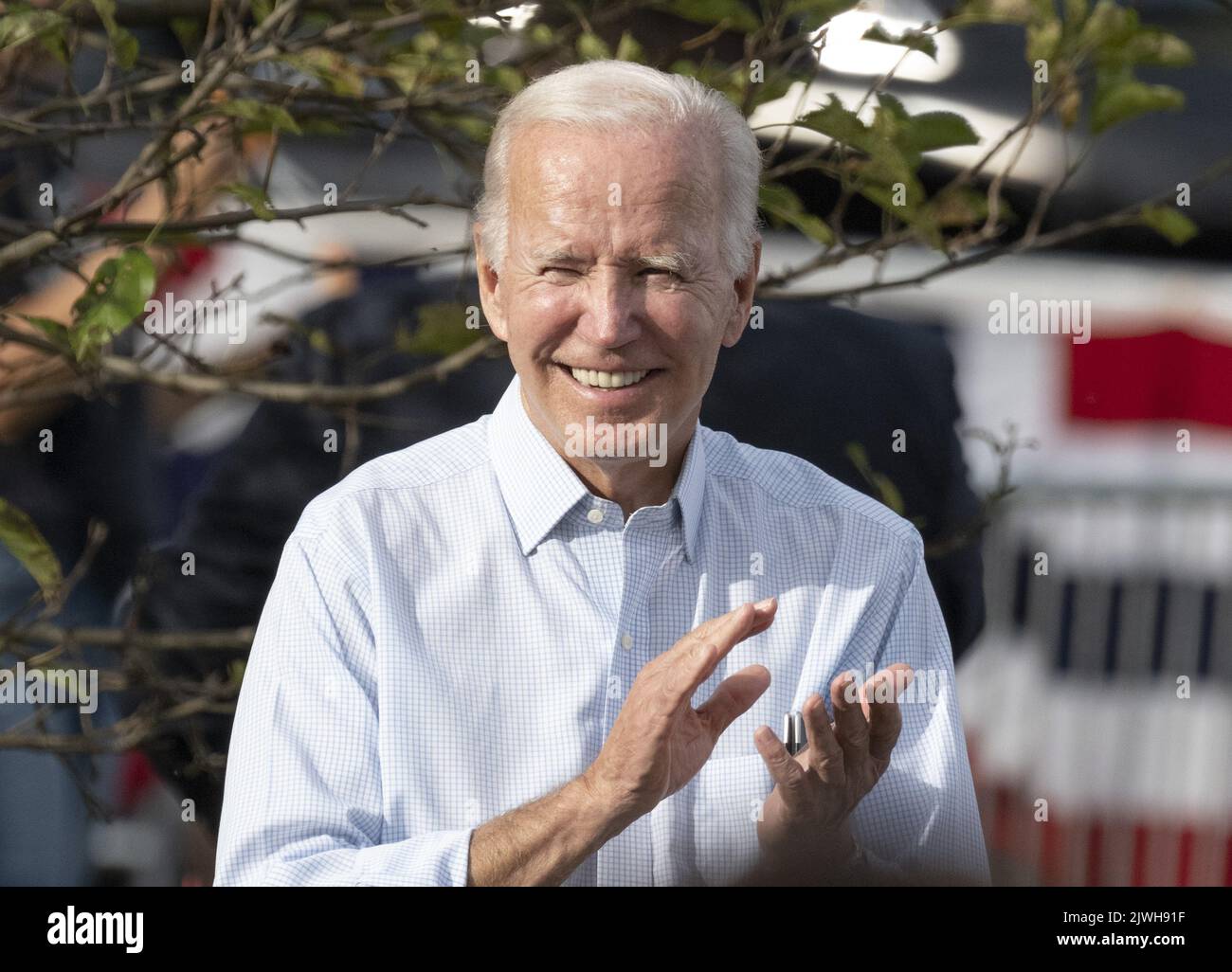 Pittsburgh, United States. 05th Sep, 2022. President Joe Biden applauds one of the speakers as he waits to take the podium to address members of the United Steelworkers Local 2227 and other labor unions in West Mifflin, Pennsylvania near Pittsburgh celebrating Labor Day and the American worker on Monday, September 5, 2022. Photo by Archie Carpenter/UPI Credit: UPI/Alamy Live News Stock Photo