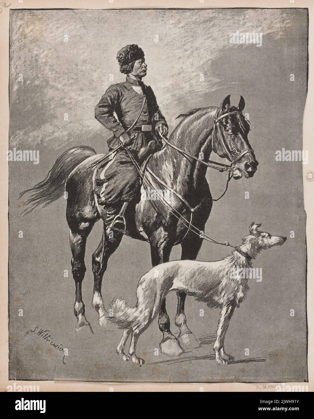 Hunter on horseback with a greyhound on leash. Orelbrand S. Synowie, Warszawa, plant, Witkiewicz, Stanisław (1851-1915), draughtsman, cartoonist Stock Photo