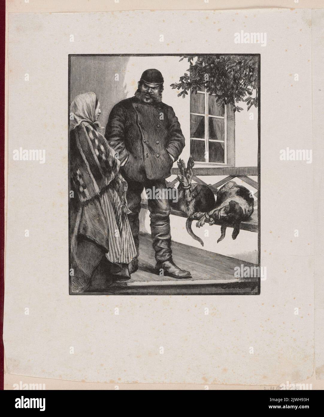 Man talking to a woman, tied dogs next to them “And now wait and see