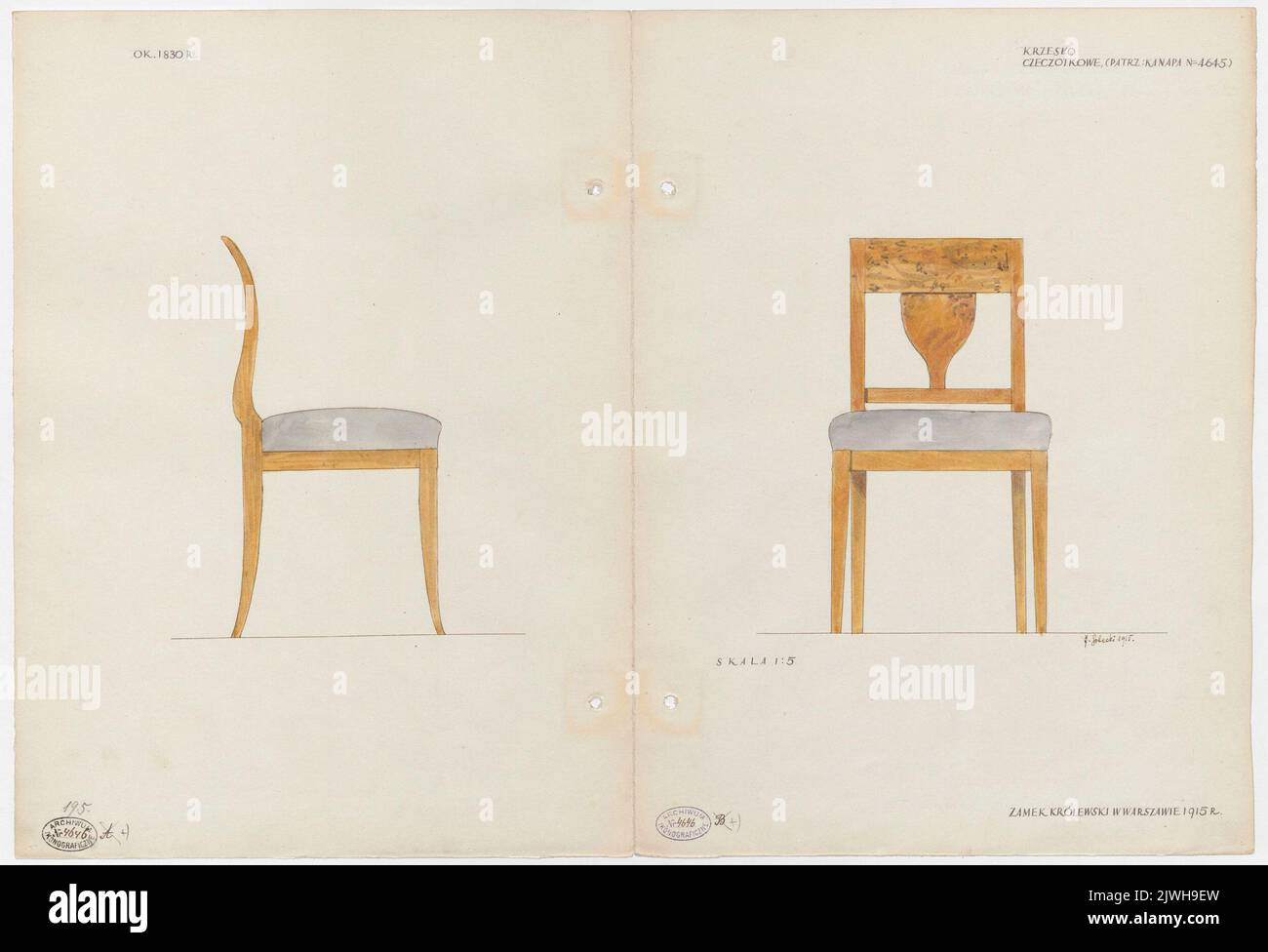 Warsaw. Burled wood chair from the equipment of the Royal Castle - front and side views. Sobecki, Jan Ludwik (1875-fl. 1939), draughtsman, cartoonist Stock Photo