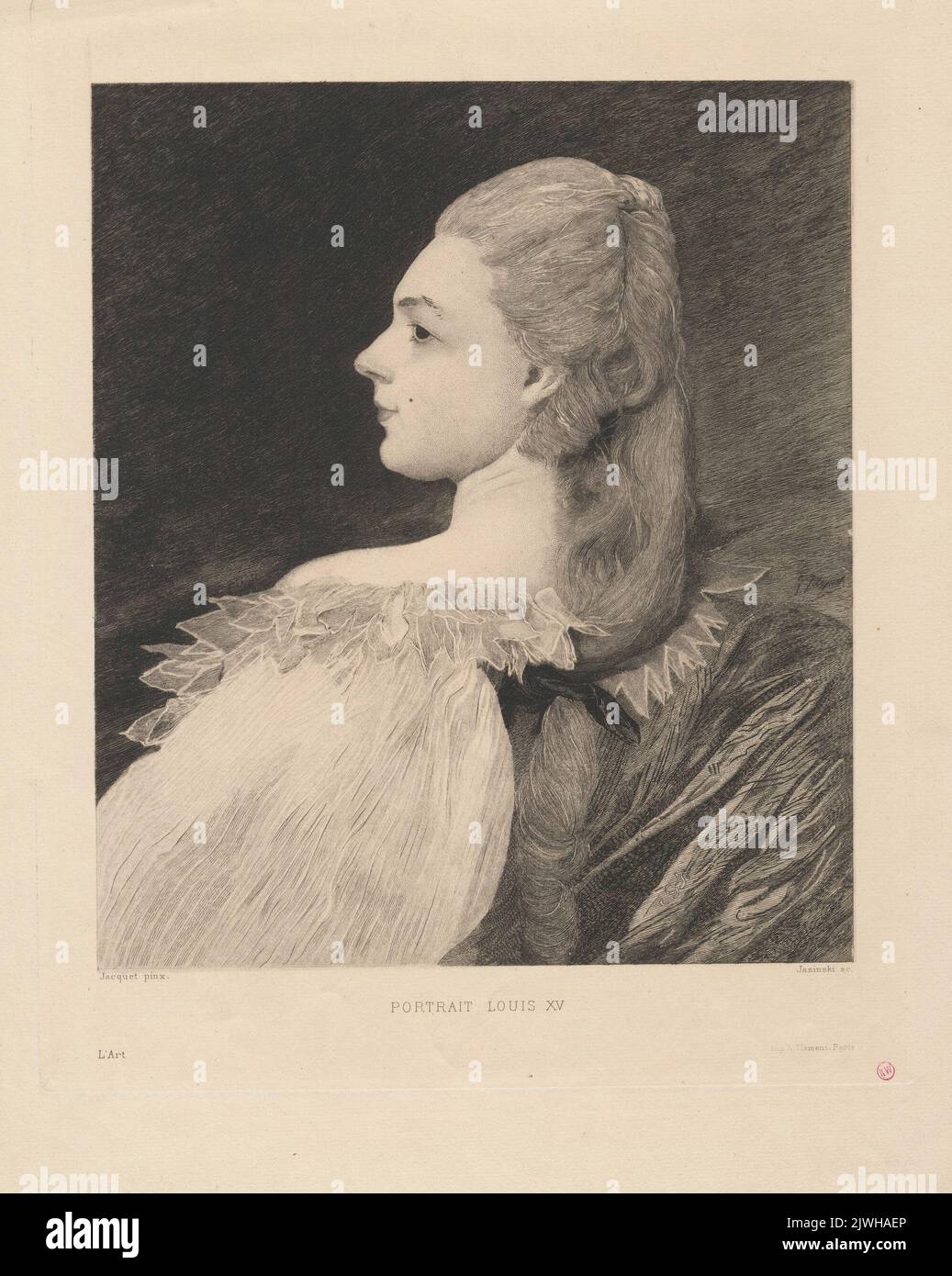 Portrait in the style of Louis XV, editorial proof. Clément, Albert (Paryż ; zakład graficzny, wydawnictwo ; fl. ca 1860-1900), printing house, Jasiński, Feliks Stanisław (1862-1901), graphic artist, L'Art revue hebdomadaire illustrée (Paryż, Londyn ; czasopismo ; 1875-1907), publishing house, Jacquet, Gustave Jean (1846-1909), painter Stock Photo