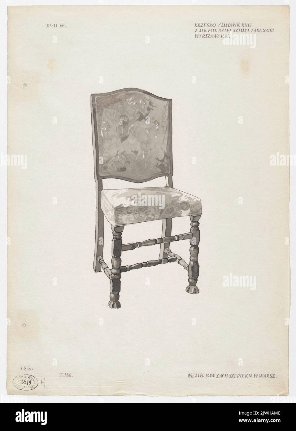 Chair in the style of Louis XIII, according to photograph from the 'Album of industrial works of art from the exhibit of the Museum of Industry and Agriculture in Warsaw 1881', table XCIII; album from the collection of the Zachęta Arts Society in Warsaw. Frankiewicz (Francewicz), Władysław (fl. 1915), draughtsman, cartoonist Stock Photo