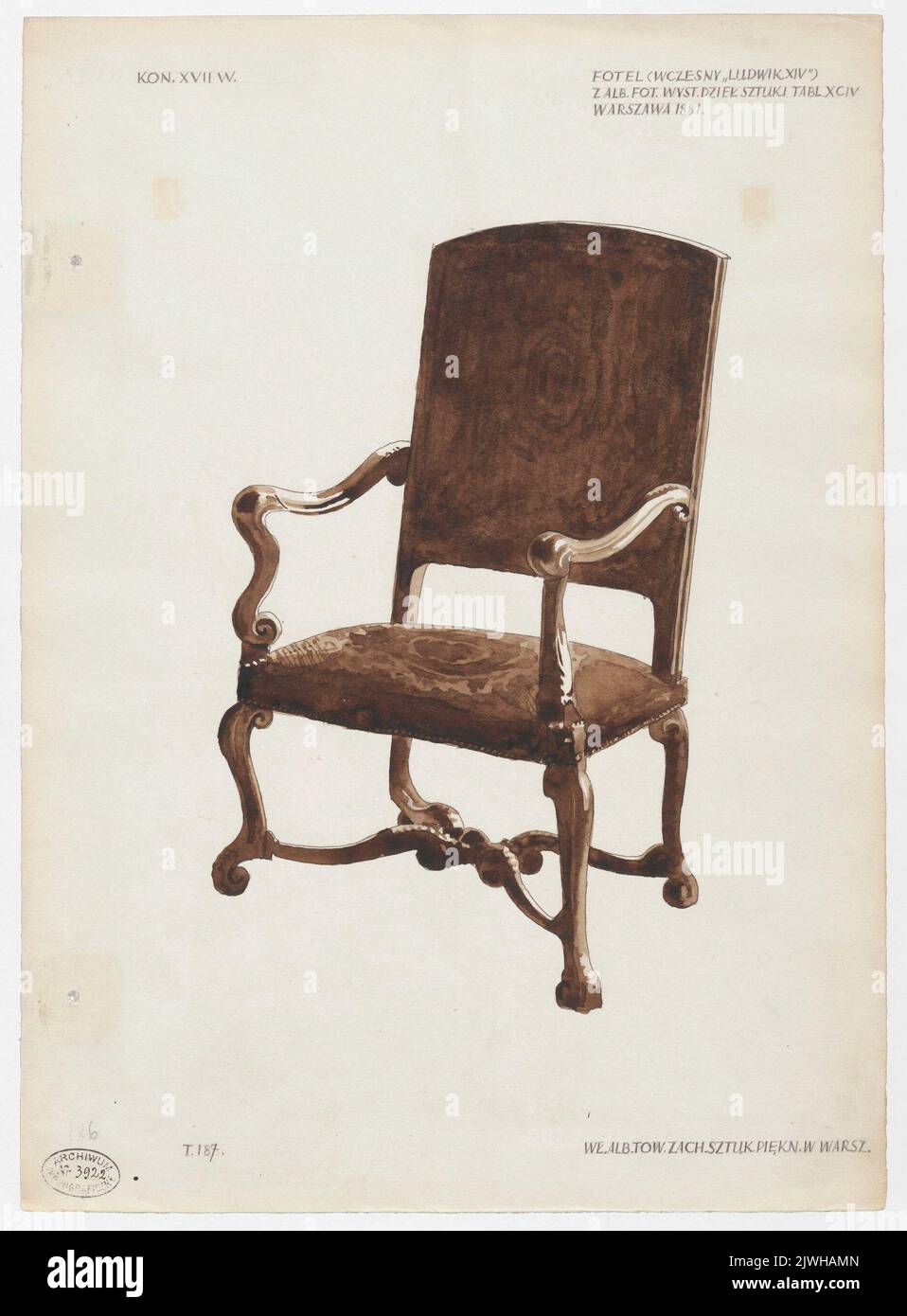 Chair from the end of the 17th century, according to photograph from the 'Album of industrial works of art from the an exhibit of the Museum of Industry and Agriculture in Warsaw 1881', table XCIV ; album from the collection of the Zachęta Arts Society in???????. Frankiewicz (Francewicz), Władysław (fl. 1915), draughtsman, cartoonist Stock Photo