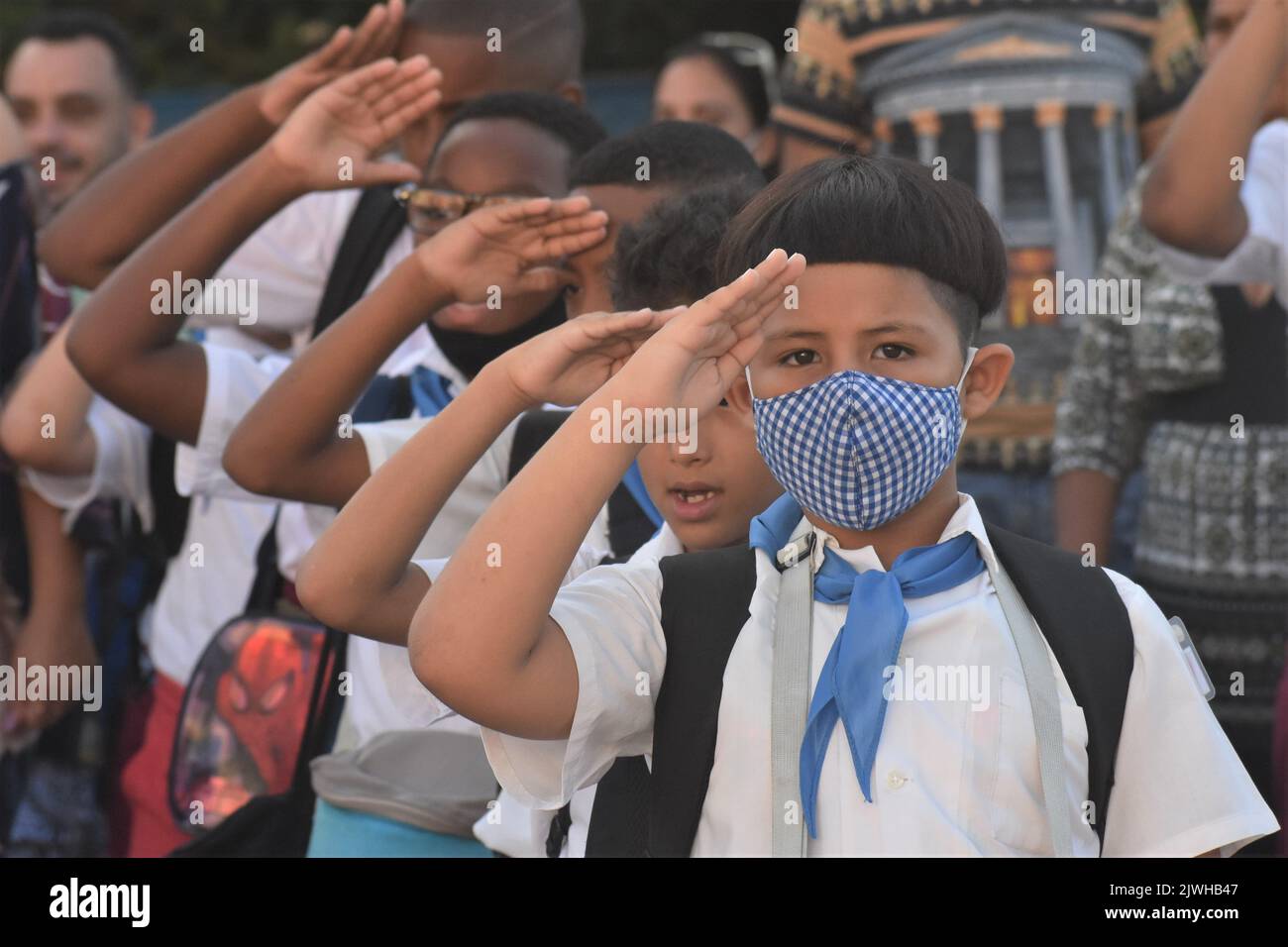 Havana, Cuba. 5th Sep, 2022. Students salute at the opening ceremony of a new semester in Havana, Cuba, Sept. 5, 2022. Credit: Zhu Wanjun/Xinhua/Alamy Live News Stock Photo