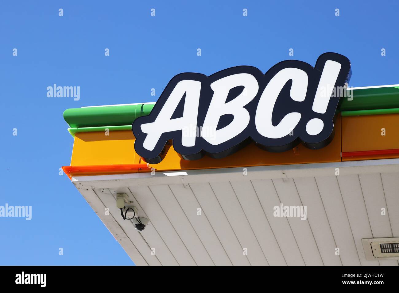 Ylitornio, Finland - August 29, 2022: Low-amgle view of the S-group owned gasoline brand Abc logotype at the gas station sheltering roof. Stock Photo
