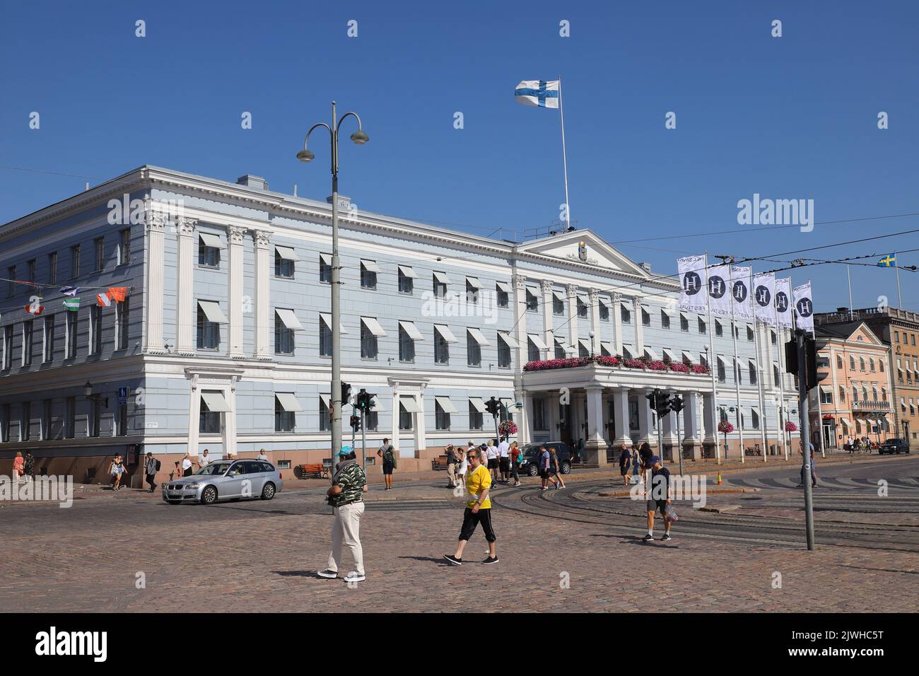 Helsinki, Finland - August 20, 2022: The Helsinki city hall building located at the Salutorget market square. Stock Photo