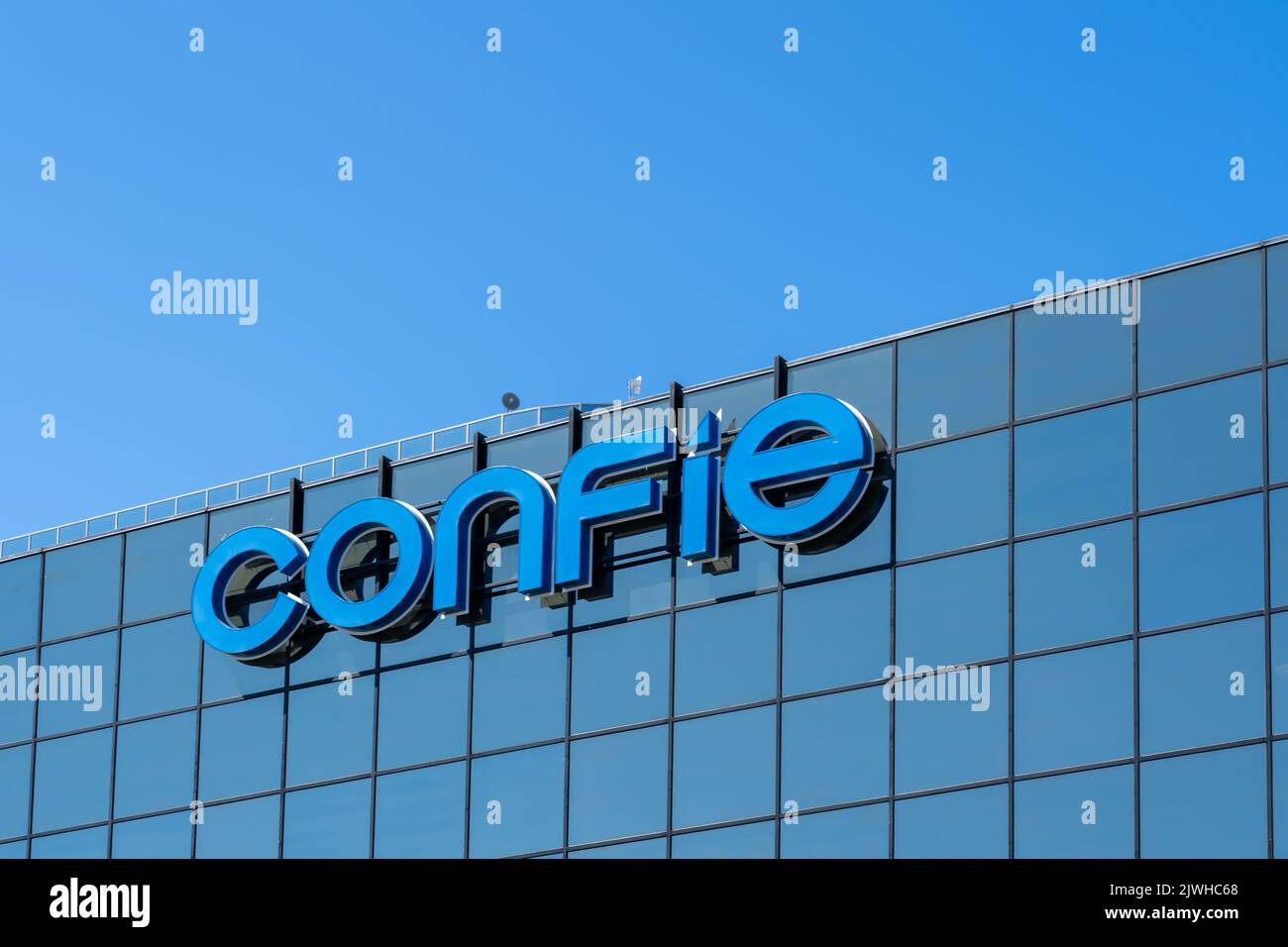 Huntington Beach, CA, USA - July 10, 2022: Close up of Confie sign on its headquarters building in Huntington Beach, CA, USA. Stock Photo