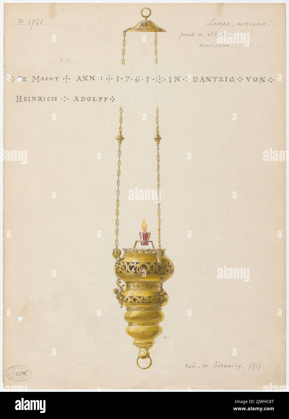 Siennica (woj. mazowieckie). Lampa wieczna mosiężna z 1761 roku z wyposażenia kościoła poreformackiego p.w. Ofiarowania Najświętszej Maryi Panny - widok w skali 1:5. Sztolcman, Władysław Roman (1873-1950), painter Stock Photo