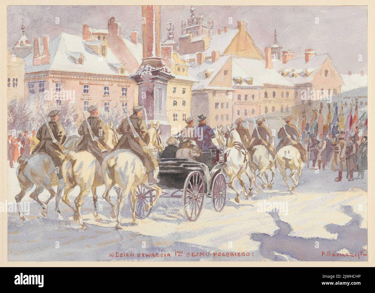 The Day of the Opening of the First Polish Sejm - Landau with the Head of State Józef Piłsudski and Prime Minister Ignacy Jan Paderewski Sorrounded by an Honorary Squadron on Castle Square in Warsaw, 9th February 1919. Szewczyk, Feliks (1863-1932), painter Stock Photo