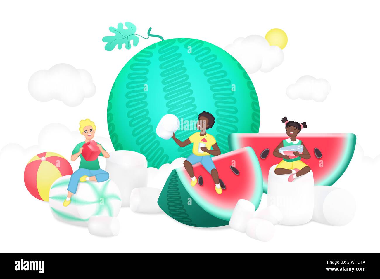Watermelon summer party and tiny kids vector illustration. Cartoon cute small boys and girls eat sweet marshmallow food and drink juice, children play among giant slices of juicy watermelon and ball Stock Vector