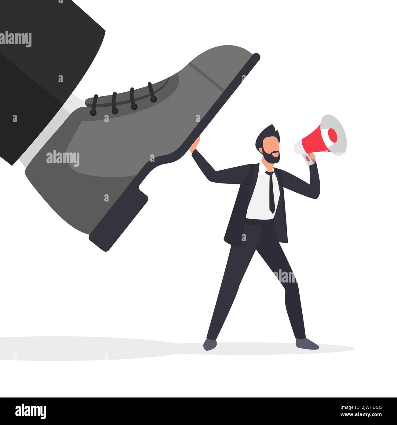 Pressure, violence and kick of giant foot to man employee with megaphone vector illustration. Cartoon manager shouting into loudspeaker about tyranny, leadership problem. Freedom, protest concept Stock Vector