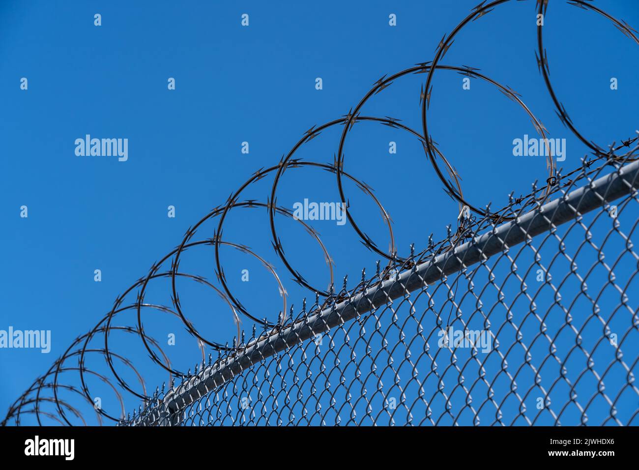 Fence with razor wire with blue sky in background. Stock Photo