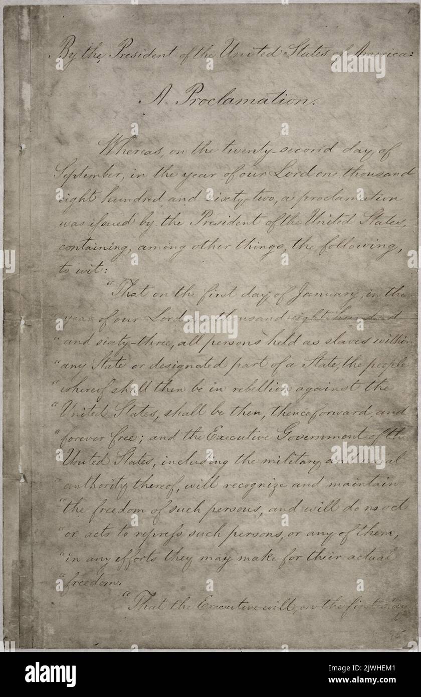 The five-page original document, hand written, of the Proclamation of Emancipation ((also known as the Freedom Proclamation) and officially called Proclamation 95.). In this document Lincoln stated that all slaves on property captured from the Conferderate states would be freed. Stock Photo