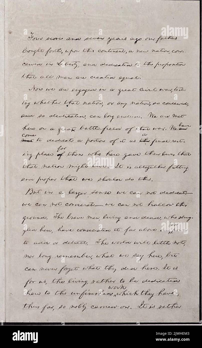A handwritten copy (The Hay copy) of the famous Gettysberg Address, with Lincoln's handwritten corrections, Stock Photo