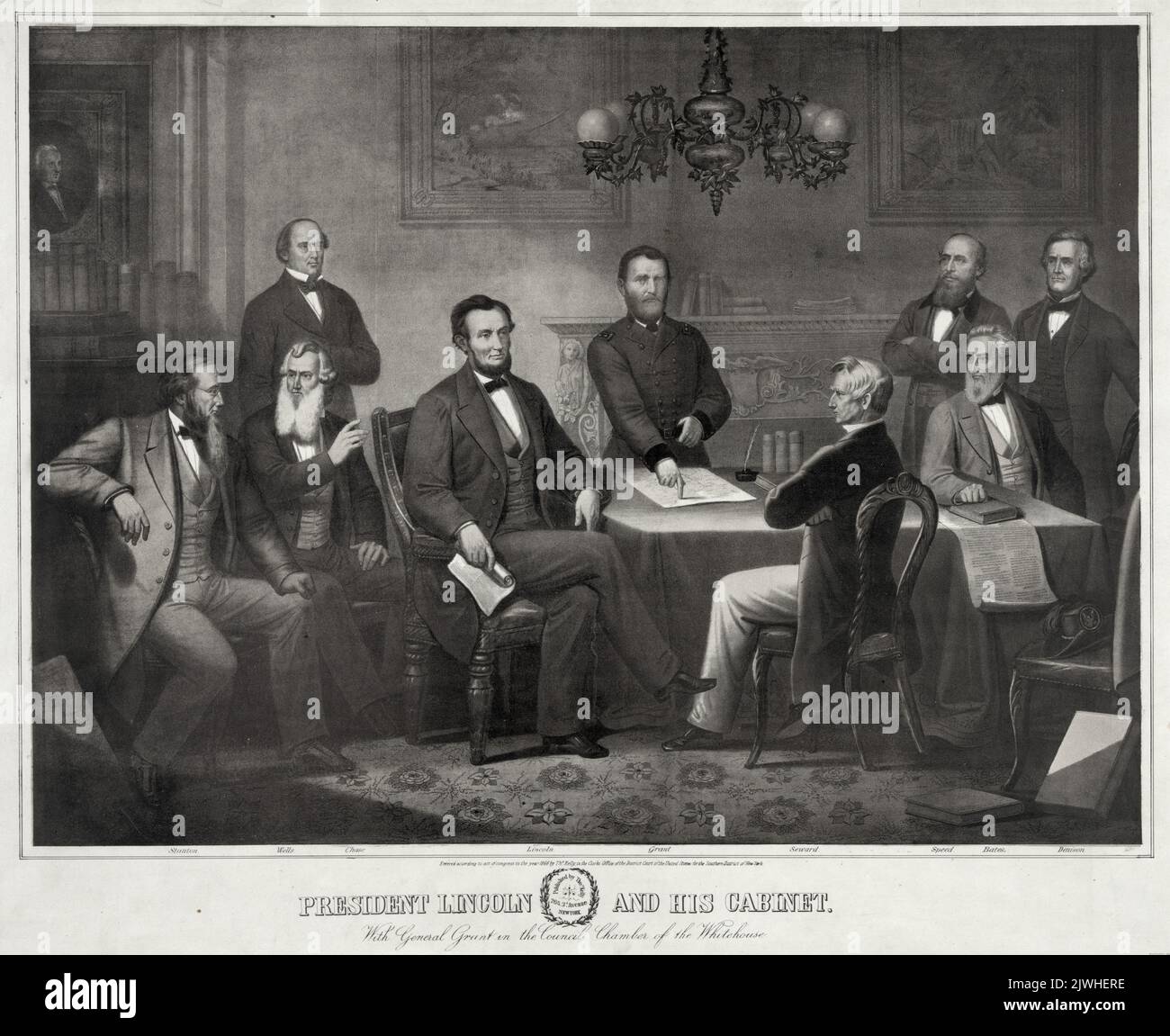 President Abraham Lincoln and his cabinet with General Ulysses Grant. Stock Photo