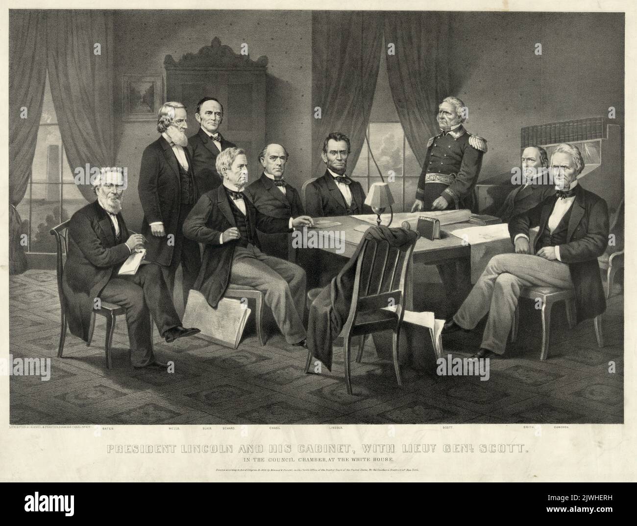 President Lincoln and his cabinet, with Lieutenant  General Winfield Scott who was the commander of the American army at the start of the Civil War. Stock Photo
