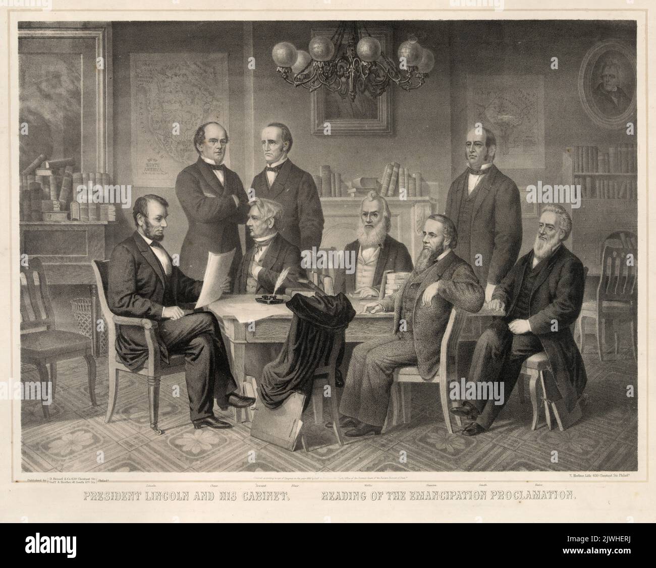 President Abraham Lincoln and his cabinet. Reading of the emancipation proclamation (also known as the Freedom Proclamation) and officially called Proclamation 95. Stock Photo