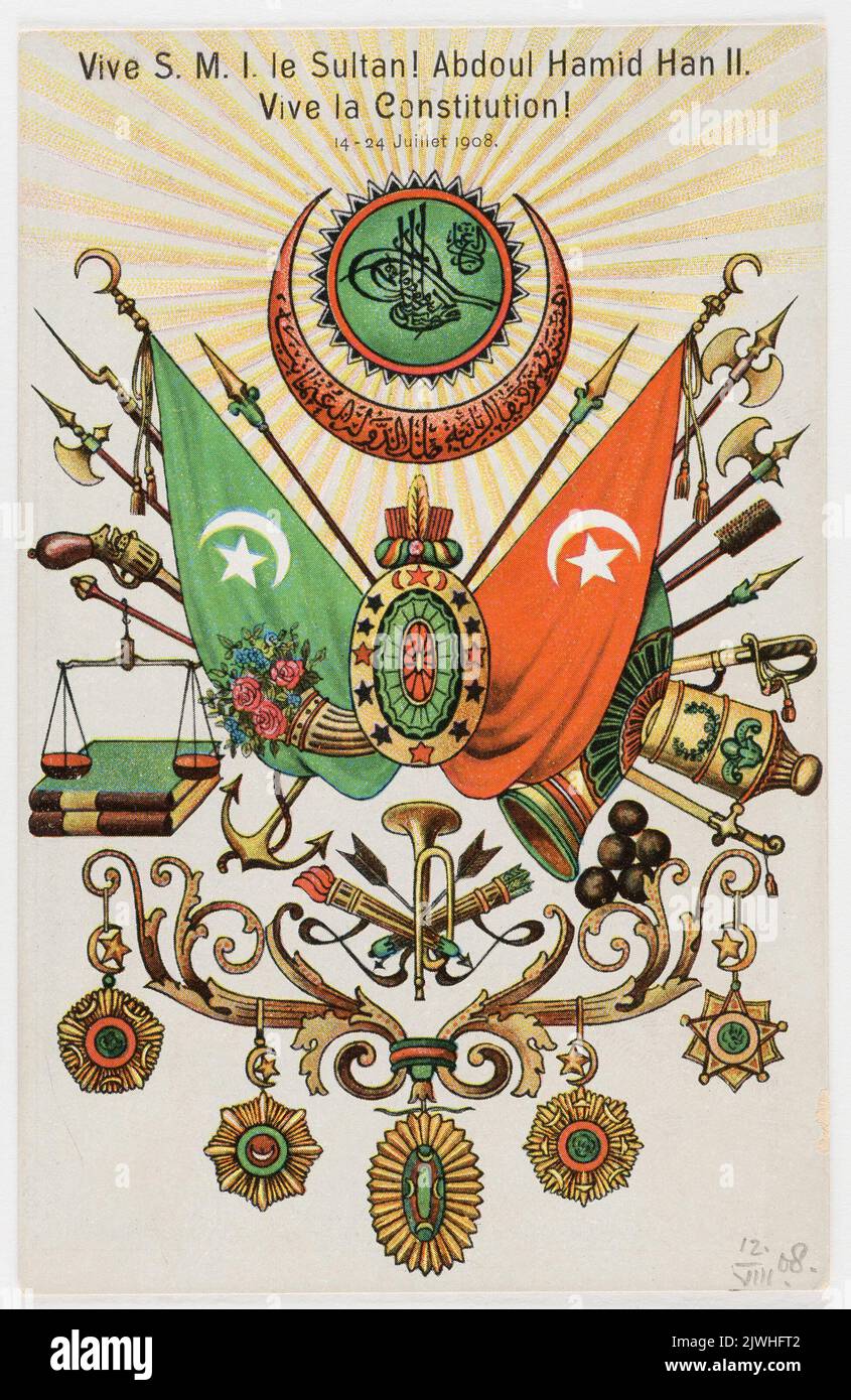 Postcard with slogan extolling sultan Abdülhamid II and constitution. unknown, graphic artist Stock Photo