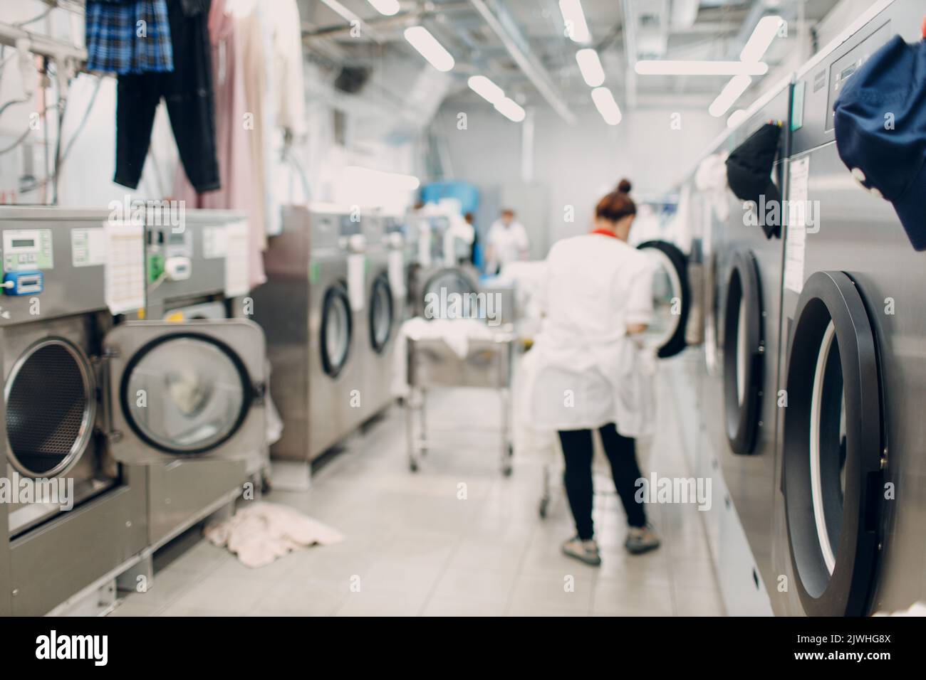 Dry cleaning inserting clothes. Clean cloth chemical process. Laundry industrial dry-cleaning. Stock Photo