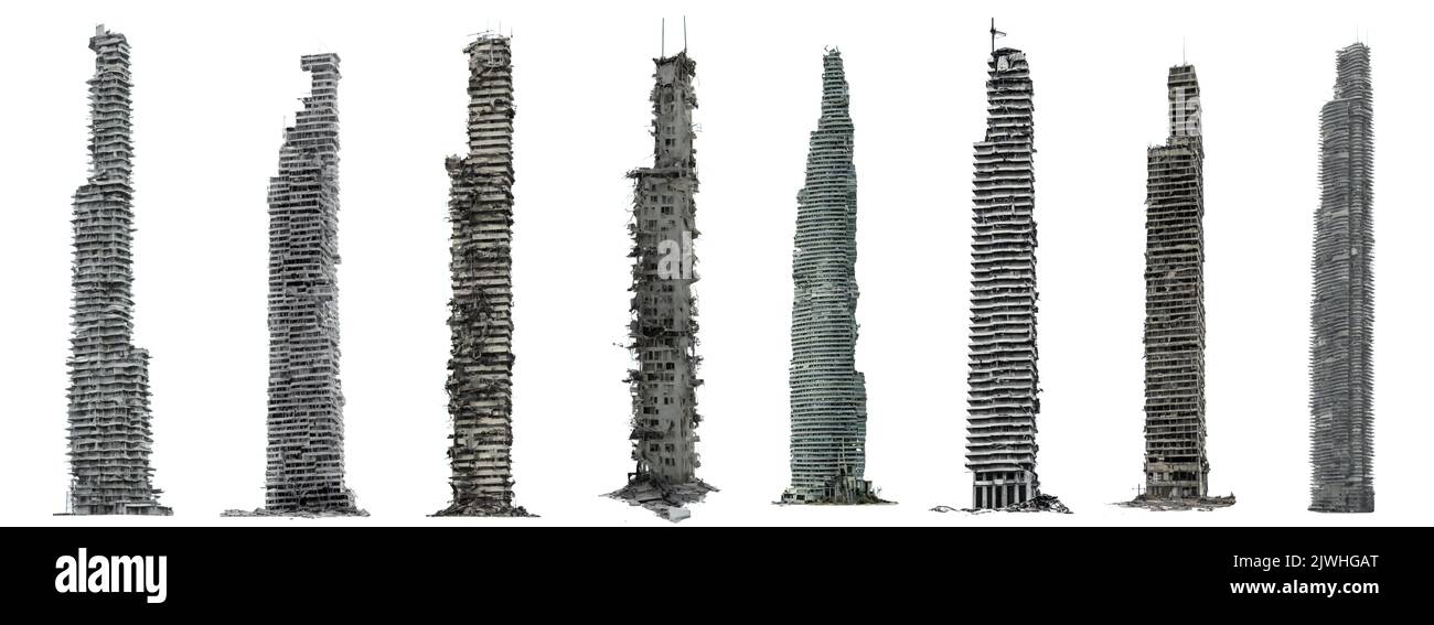 set of ruined skyscrapers, tall post-apocalyptic buildings isolated on white background Stock Photo