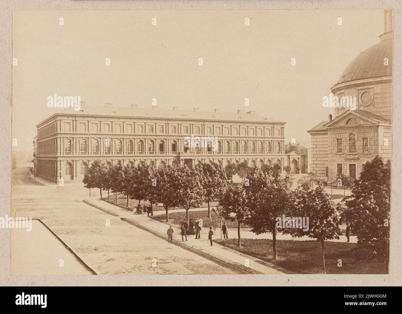 Warsaw. Building of the Regional Loan Society. On the right, fragment of the Evangelical Church of the Augsburg confession of the Holy Trinity.. Brandel, Konrad (1838-1920), photographer Stock Photo