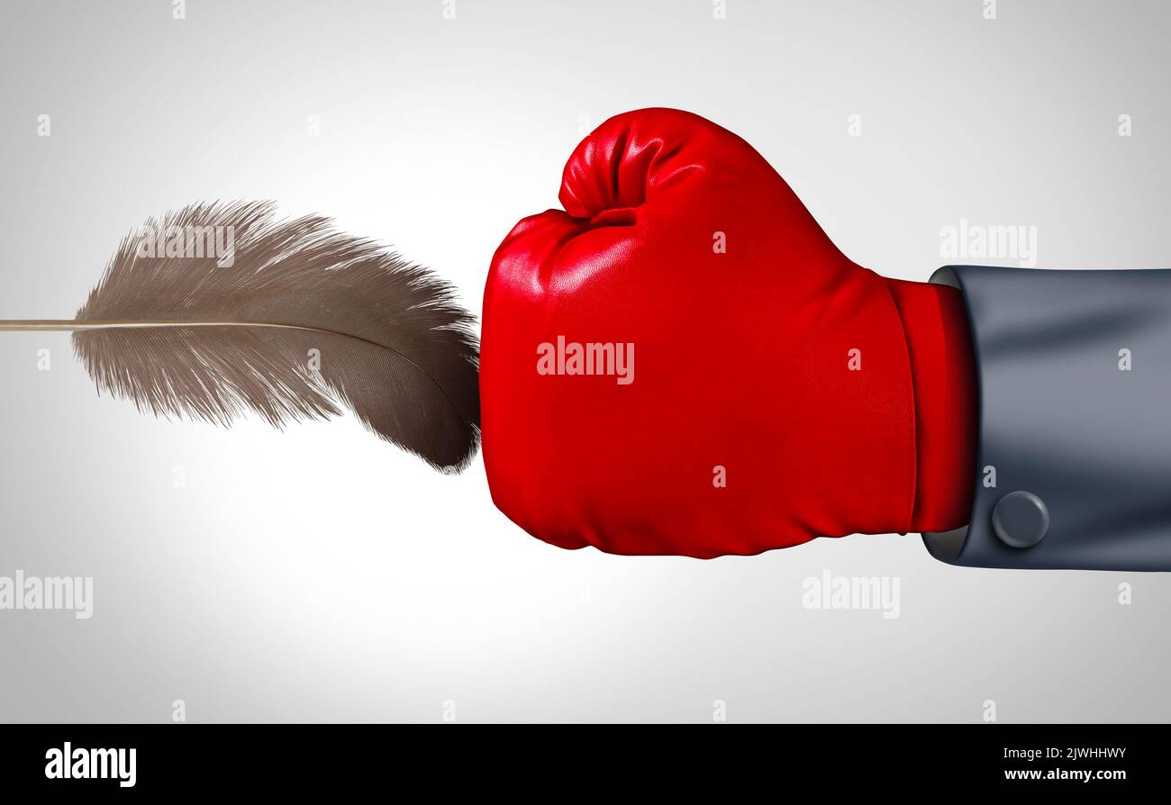 Soft Negotiation concept as a Big business fighter negotiating with a soft touch opponent with a feather as a negotiating symbol Stock Photo