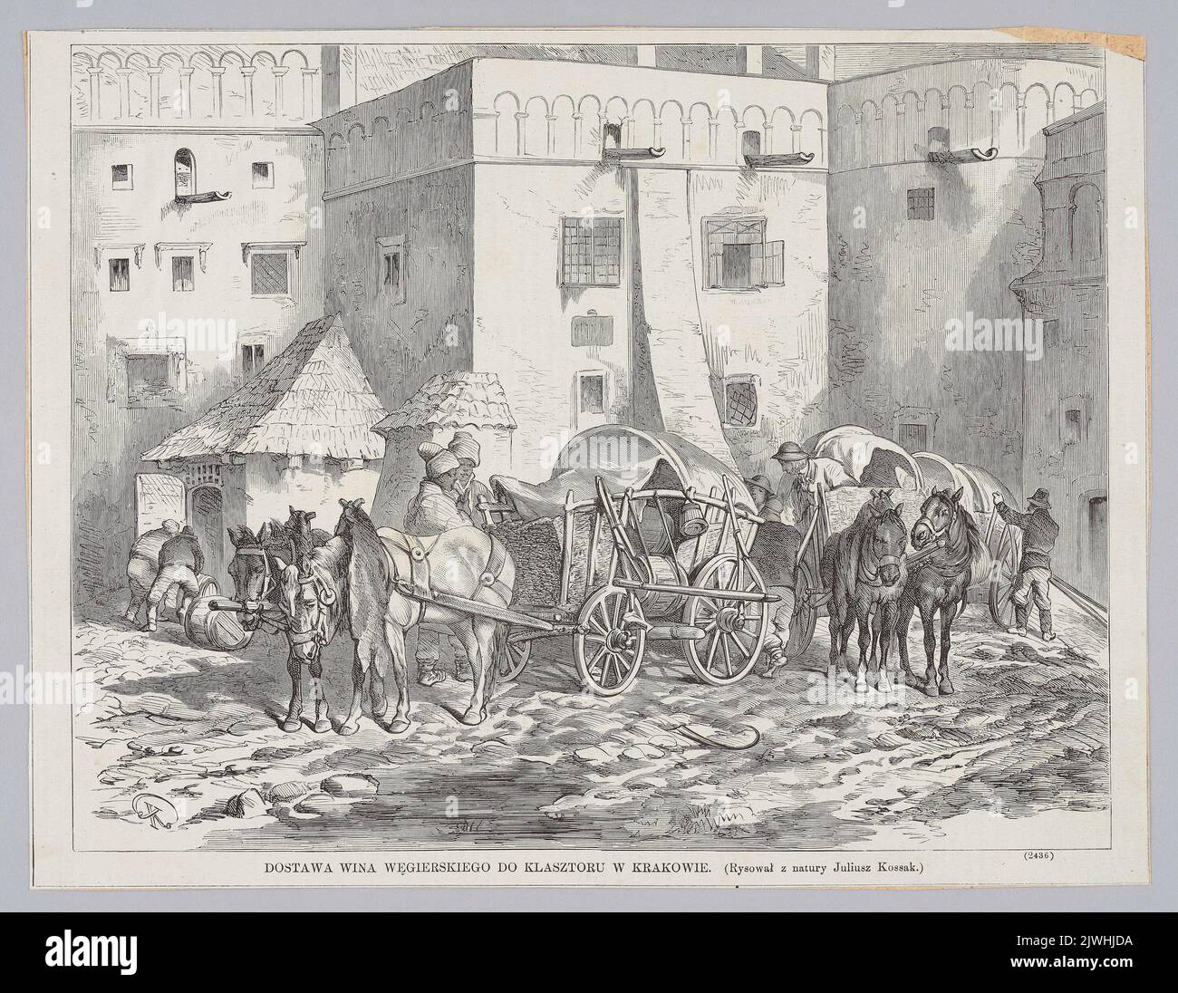 Reproduction of drawing: Juliusz Kossak (1824-1899), Hungarian wine being delivered to a monastery in Cracow; from: 'Kłosy' 1873, 1, 264. Juliusz Kossak (1824-1899), draughtsman, cartoonist, Kłosy (Warszawa ; czasopismo ; 1865-1890), publisher, unknown, woodcutter Stock Photo