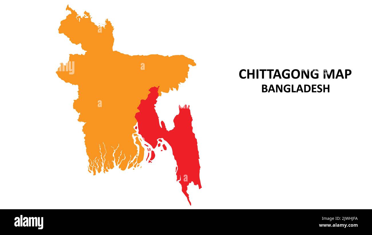 Chittagong State and regions map highlighted on Bangladesh map Stock 