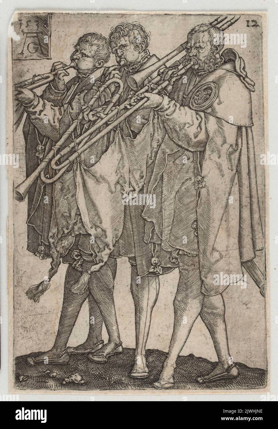 Three musicians playing trumpets. Aldegrever, Heinrich (1502-1555/1561), graphic artist Stock Photo