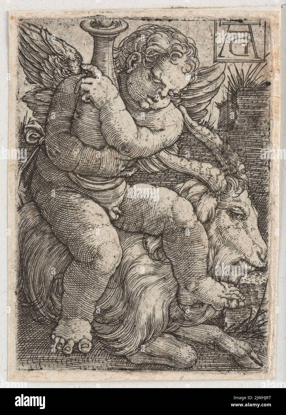 Putto with a Vase Sitting on a Goat. Aldegrever, Heinrich (1502-1555/1561) Stock Photo
