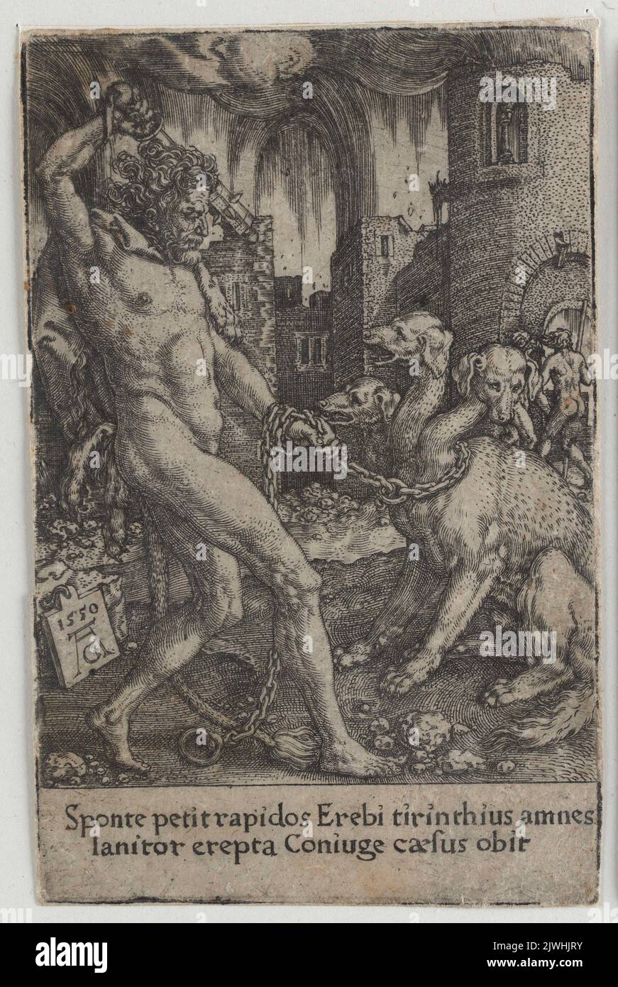 Hercules Abducts Cerberus. Aldegrever, Heinrich (1502-1555/1561), graphic artist Stock Photo