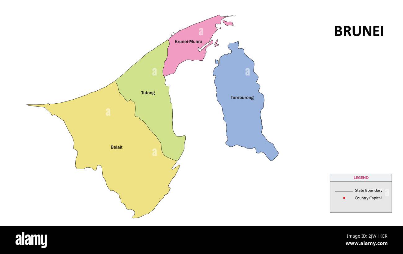 Brunei Map. State and district map of Brunei. Detailed colorful map of Brunei. Stock Vector