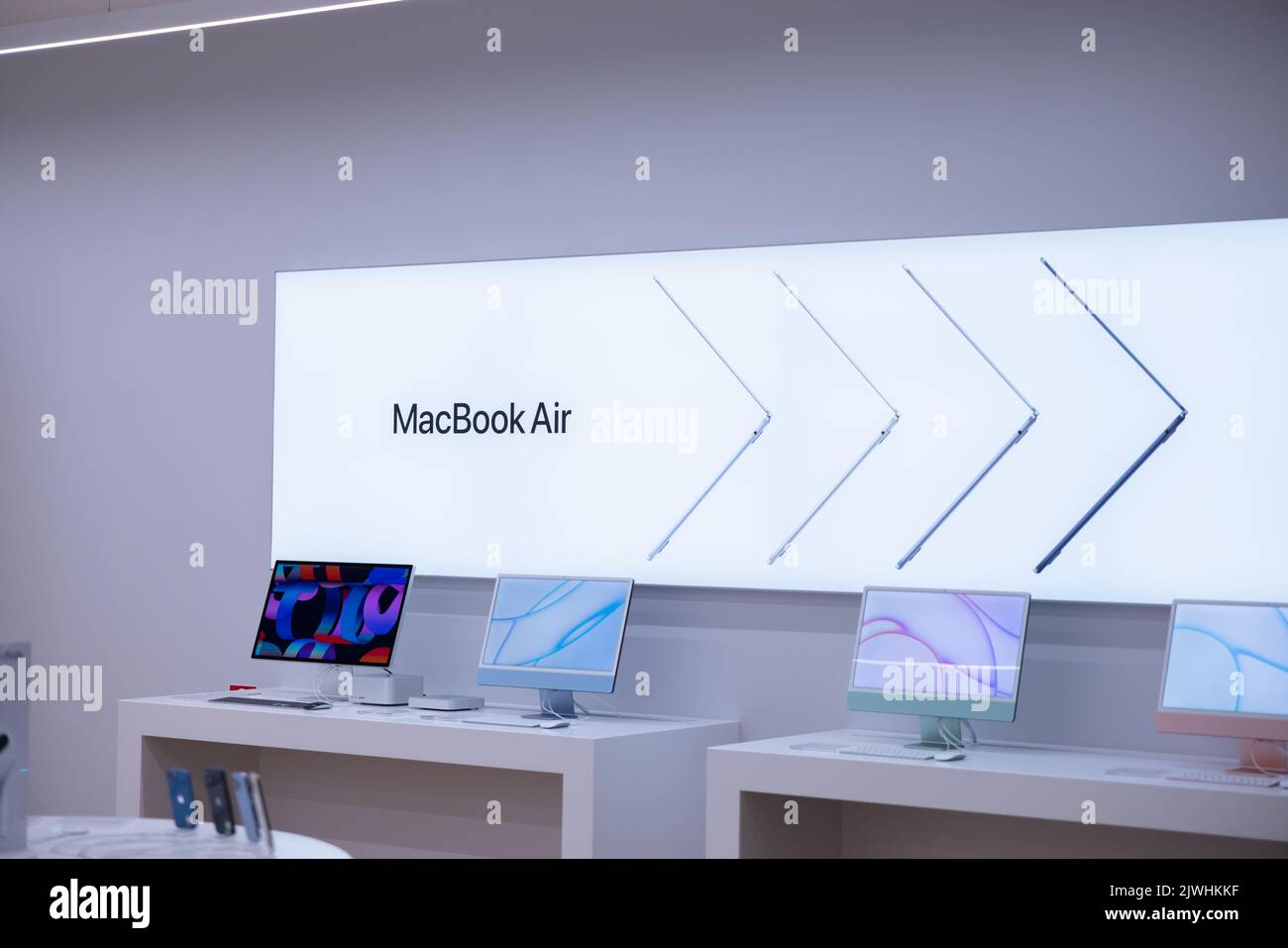 Prague - Czech Republic September 5. 2022. Sale of MacBook Air computers in the official Apple store. Stock Photo