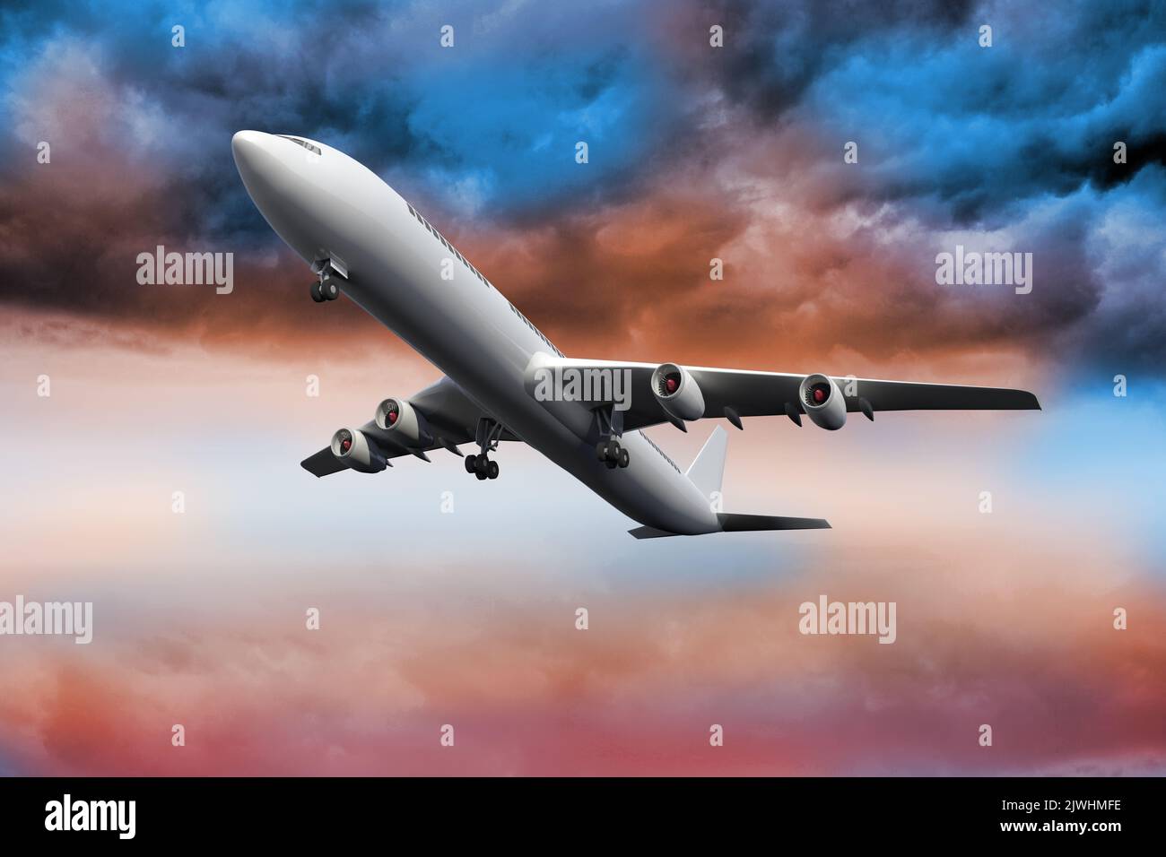 3D plane flying in colorful sky Stock Photo - Alamy