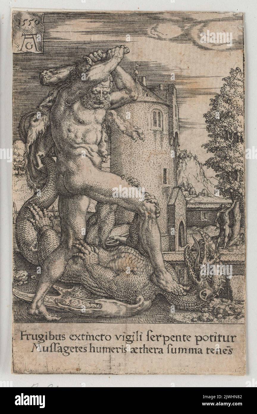 Hercules Slaying the Dragon. Aldegrever, Heinrich (1502-1555/1561), graphic artist Stock Photo