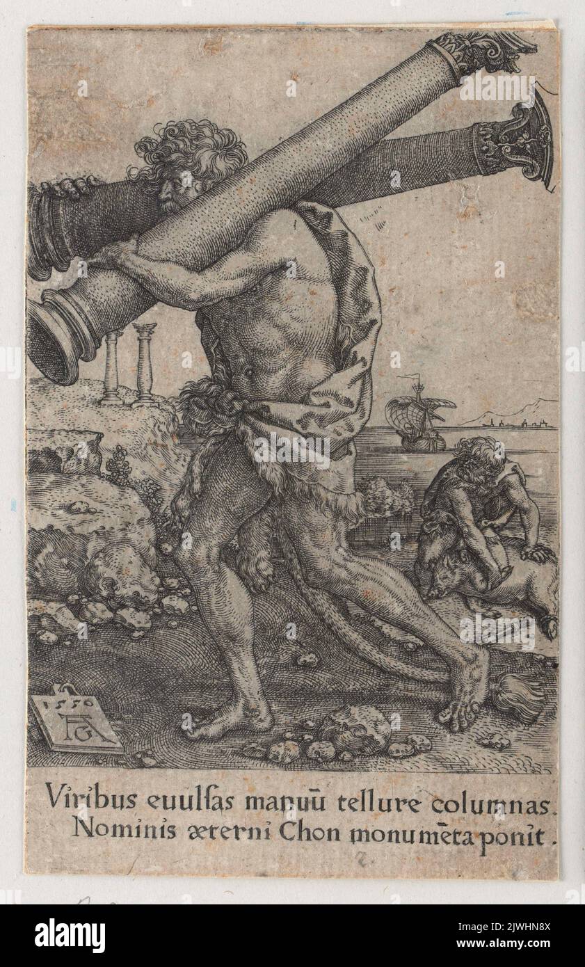 Hercules Lifting Pillars. Aldegrever, Heinrich (1502-1555/1561), graphic artist Stock Photo