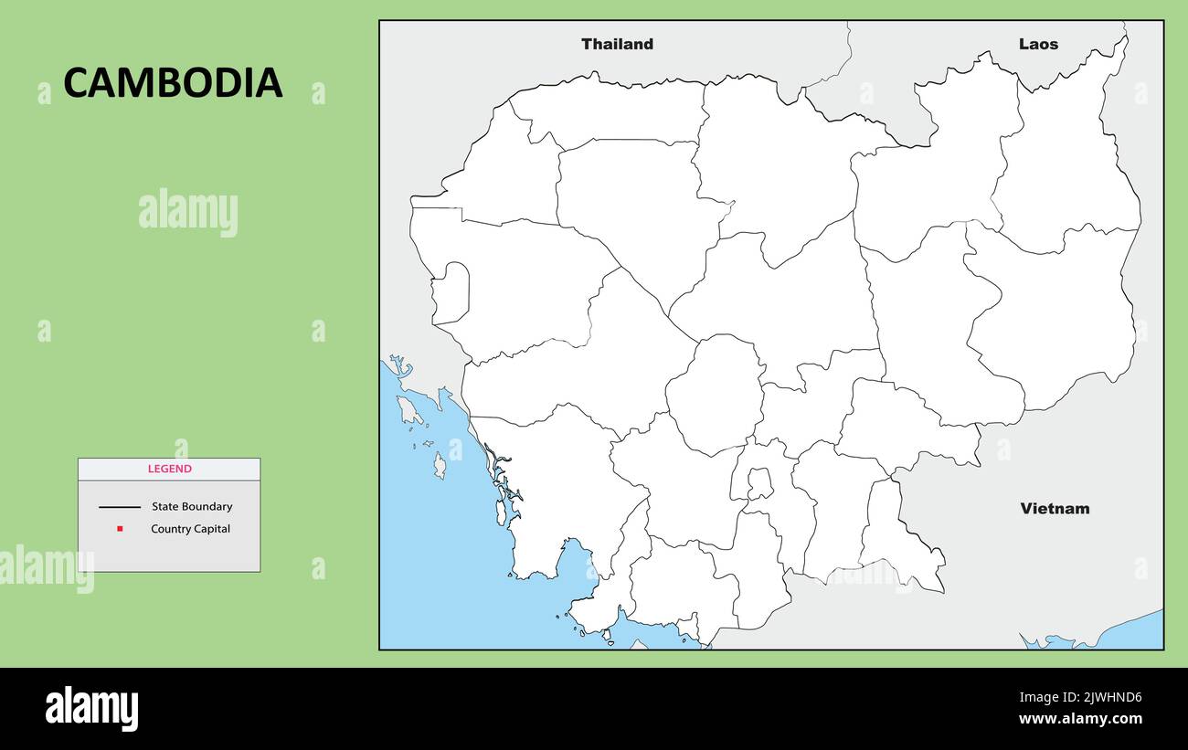 Cambodia Map. State and district map of Cambodia. Political map of Cambodia with outline and ...