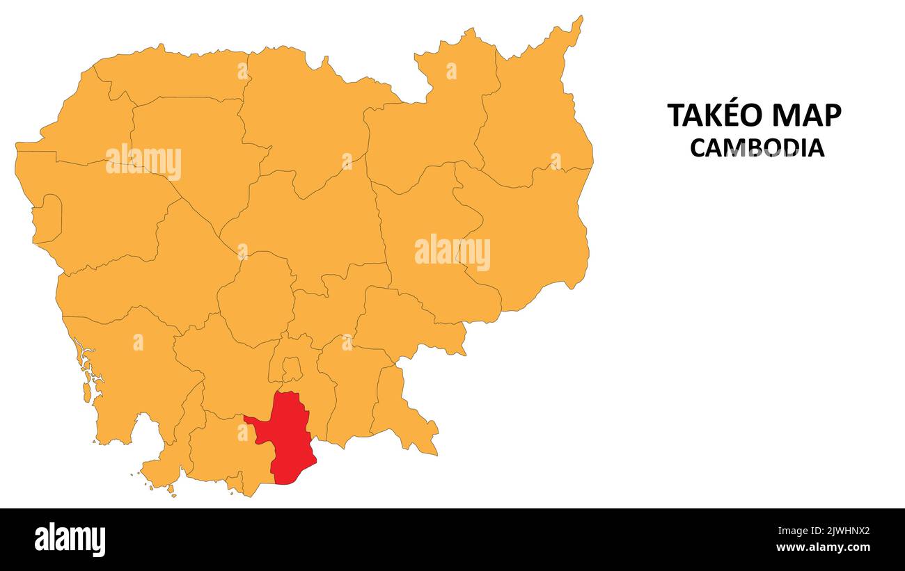 Takéo State and regions map highlighted on Cambodia map Stock Vector