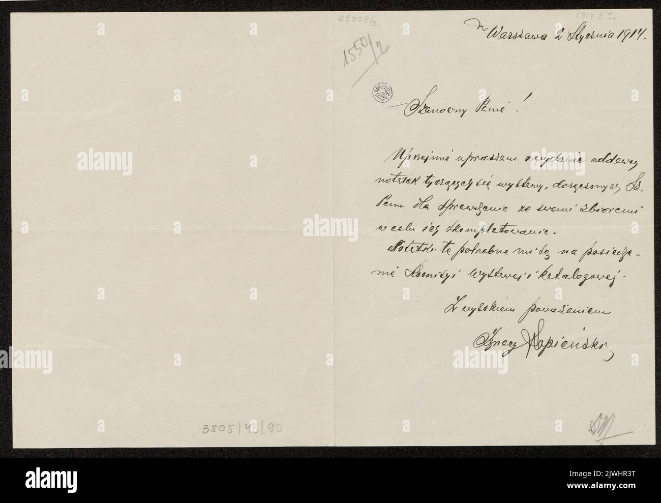 Letter from Ignacy Łopieński to Dominik Witke-Jeżewski concerning materials for the exhibition of old Polish etchings from the collection of D. Witke-Jeżewski made by effort of the Society for the Care for Historic Monuments in Warsaw in 1914. Łopieński, Ignacy (1865-1941), sender Stock Photo