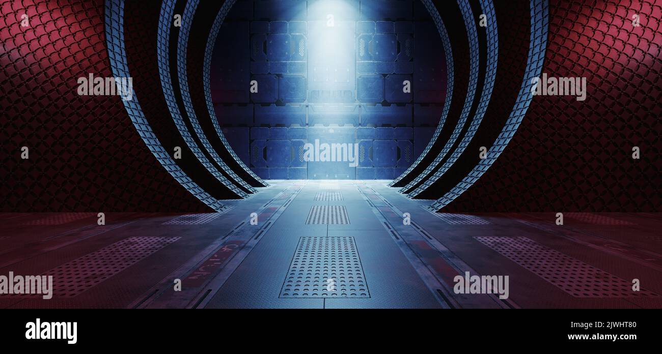 Sci Fi Futuristic Alien Orb Circle Tunnel Corridor Hangar Bunker Shelter Glossy Metal Panels Cyber Purple Blue Neon Glowing Lights 3D Rendering Illust Stock Photo
