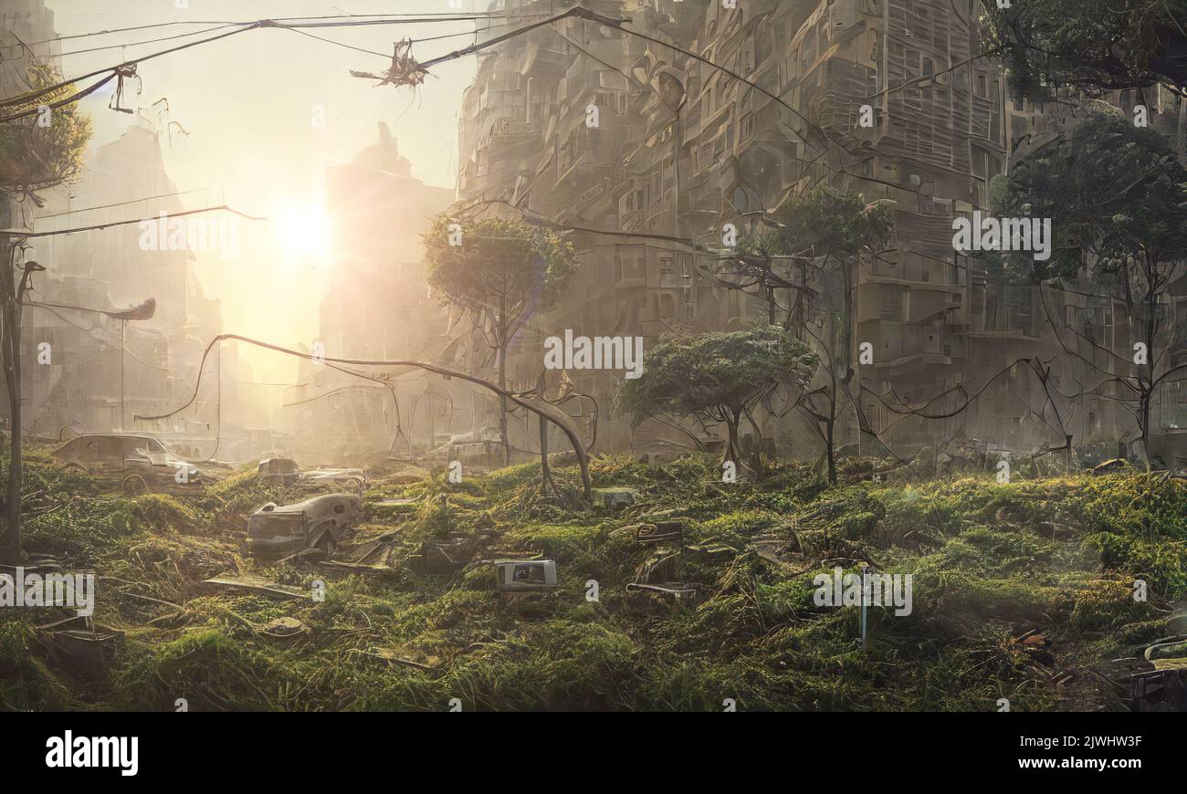 post apocalyptic city, dystopic overgrown buildings, digital painting Stock Photo