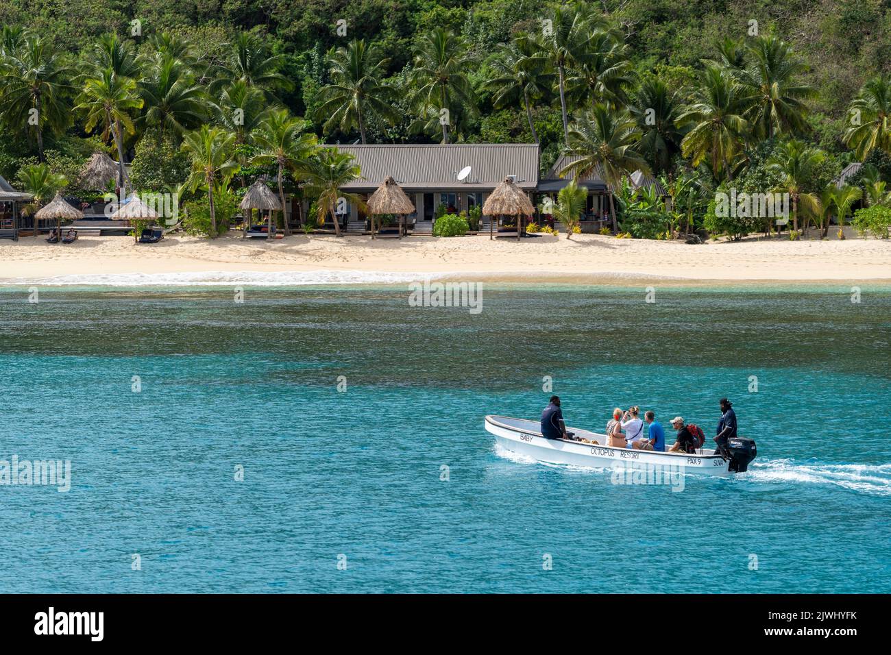 Small boats transporting guests to tourist resort, Yasawa Islands, Fiji