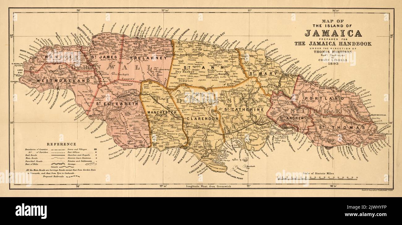 Vintage map of the island of Jamaica in the West Indies, ca. 1893 Stock Photo