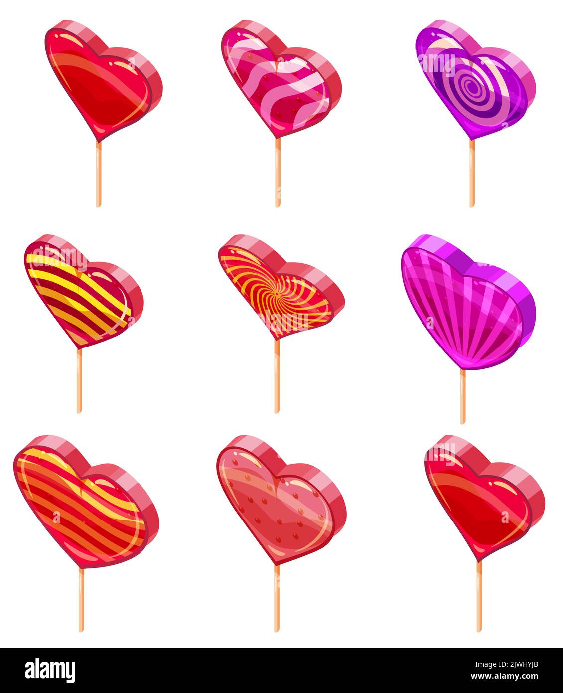 Set of Candy Sugar Heart Lollypops Isometric. Sweet food icon cartoon style Stock Vector