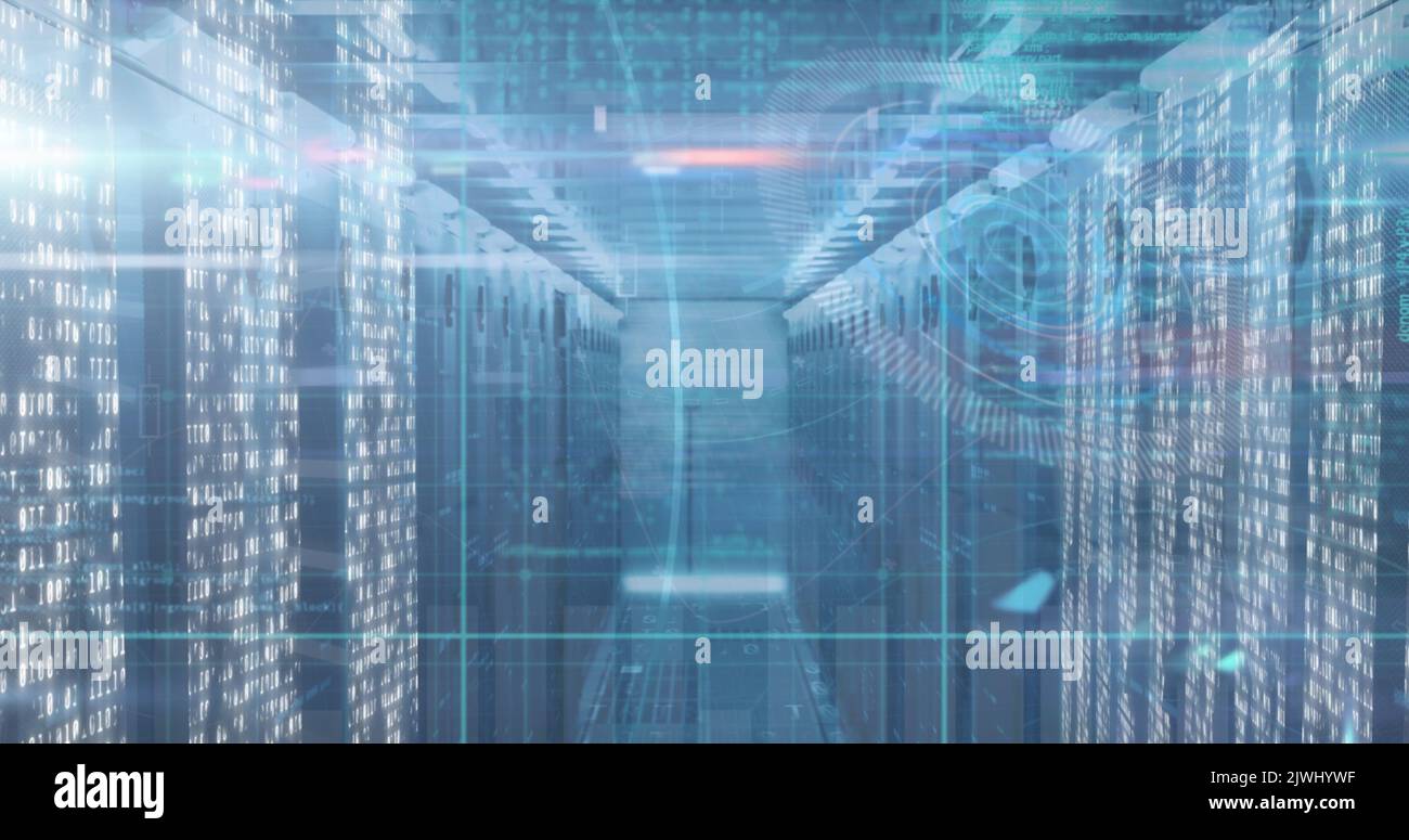 Image of lights, data processing and 5g over servers Stock Photo