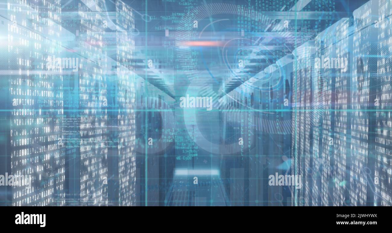 Image of lights, data processing and 5g over servers Stock Photo