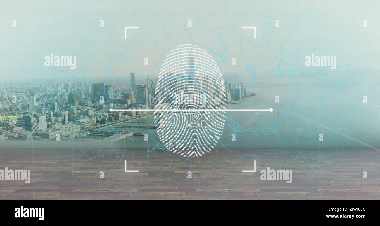 Image of data processing and fingerprint over cityscape Stock Photo